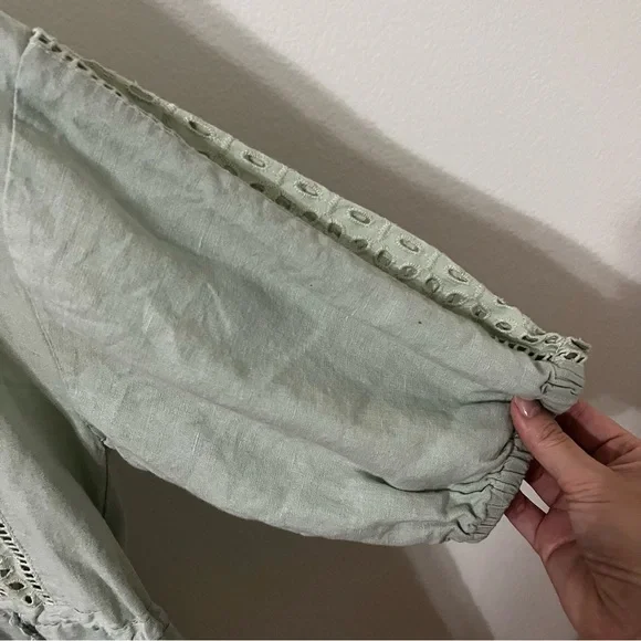 Zara Sage Green Linen Blend Eyelet Tassel Mini Dress Womens Medium - Picture 6 of 11